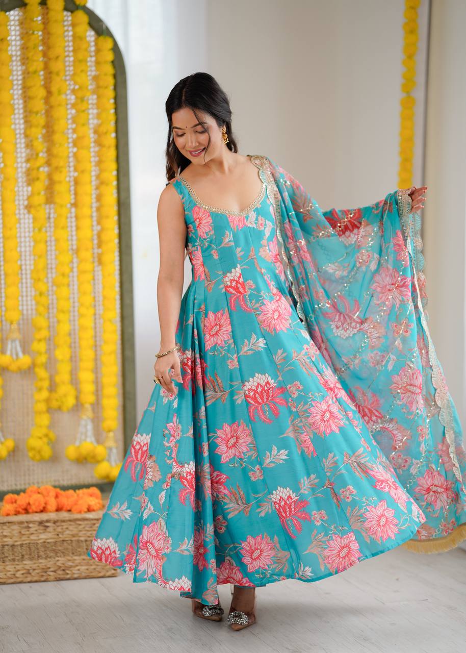 SKY GREEN FLORAL PRINTED SLEEVELESS ANARKALI SUIT SET