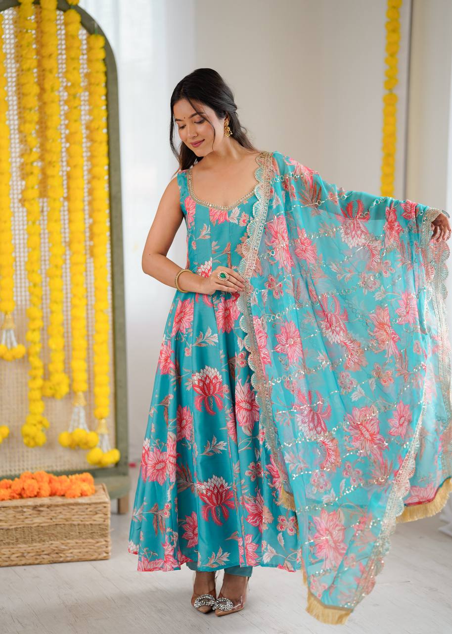 SKY GREEN FLORAL PRINTED SLEEVELESS ANARKALI SUIT SET