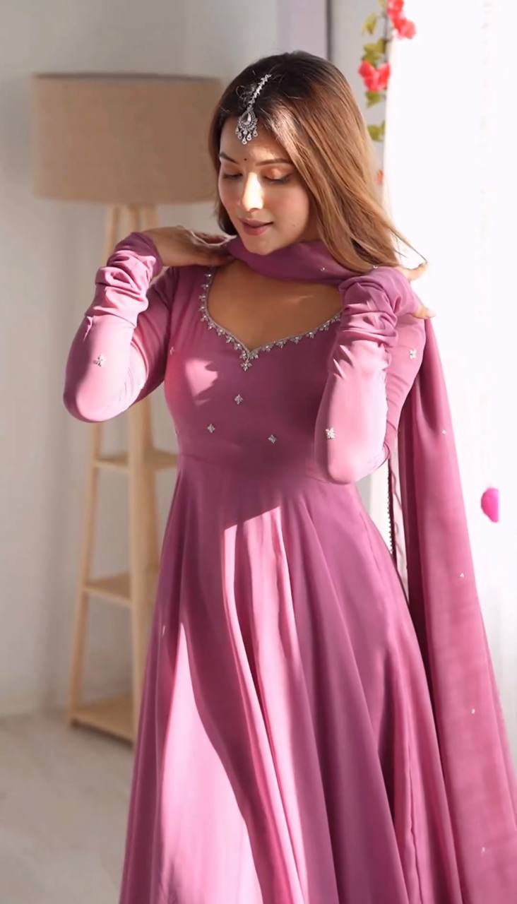 DUSTY PINK COLOR GEORGETTE BASE EMBROIDERY WORK ON NECK ANARKALI SUIT SET OF 3