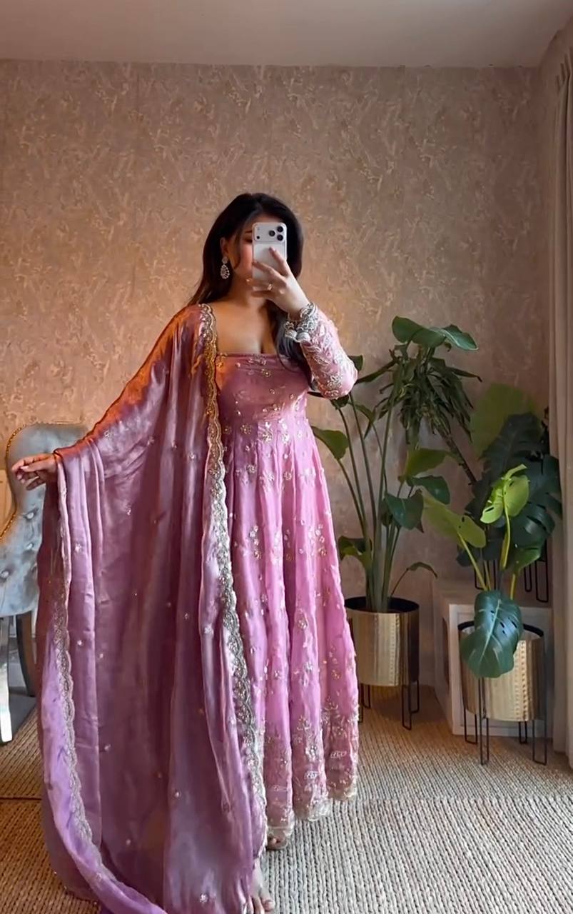 PINK COLOR HEAVY FANDY SILK EMBROIDERY SEQUENCE WORK ANARKALI SUIT