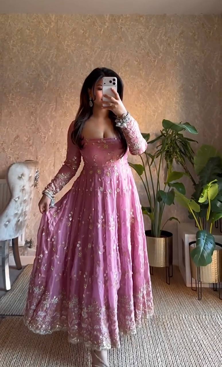 PINK COLOR HEAVY FANDY SILK EMBROIDERY SEQUENCE WORK ANARKALI SUIT
