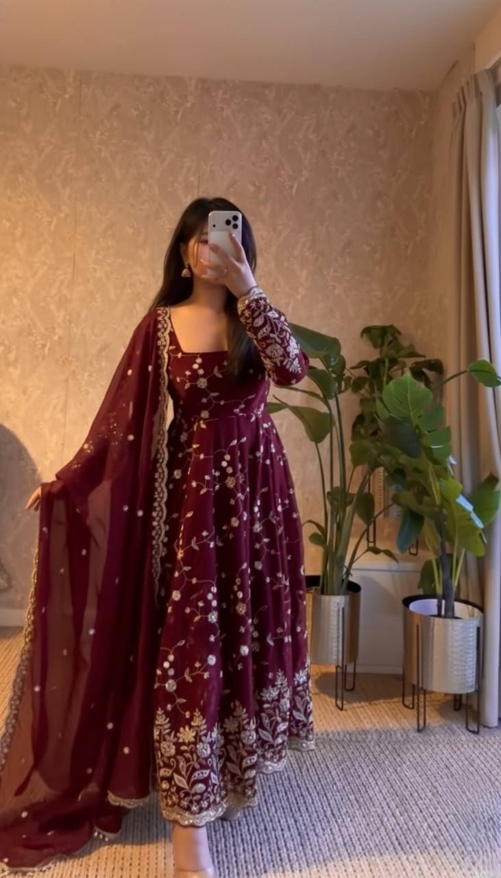 MAROON COLOR HEAVY FANDY SILK EMBROIDERY SEQUENCE WORK ANARKALI SUIT