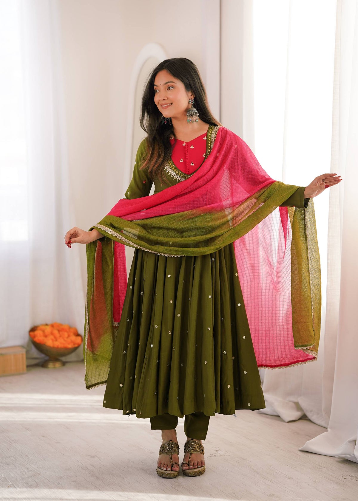 DESIGNER OLIVE GREEN PARTY WEAR ANARKALI SET