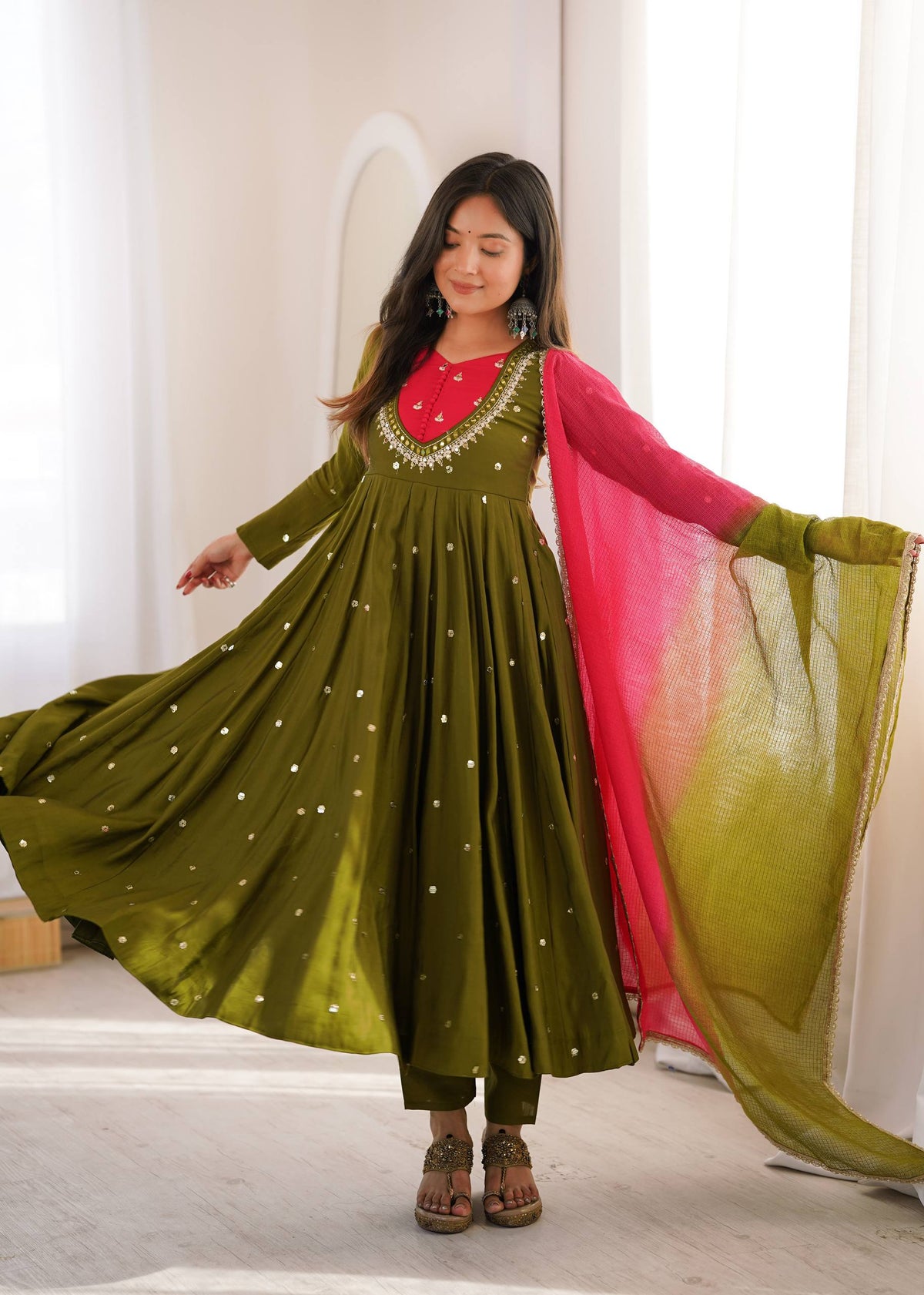 DESIGNER OLIVE GREEN PARTY WEAR ANARKALI SET