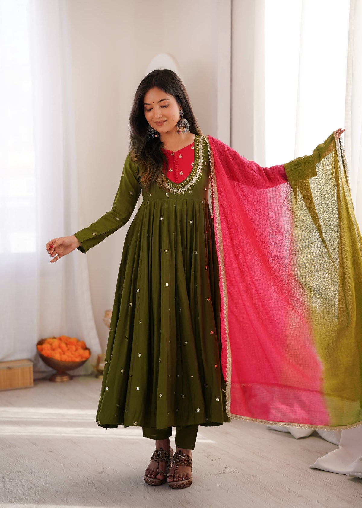 DESIGNER OLIVE GREEN PARTY WEAR ANARKALI SET