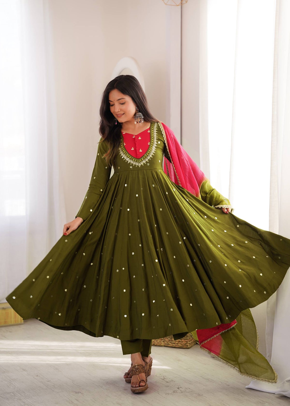 DESIGNER OLIVE GREEN PARTY WEAR ANARKALI SET