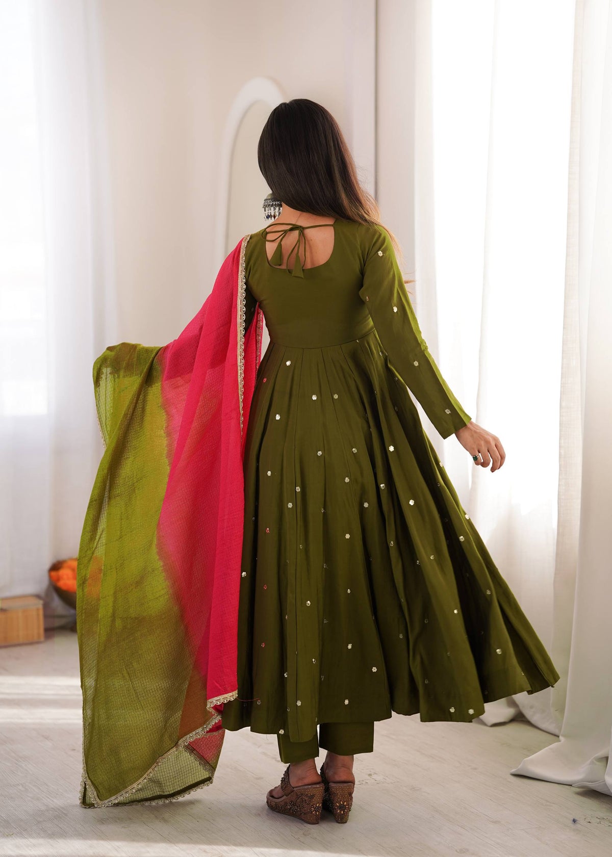 DESIGNER OLIVE GREEN PARTY WEAR ANARKALI SET