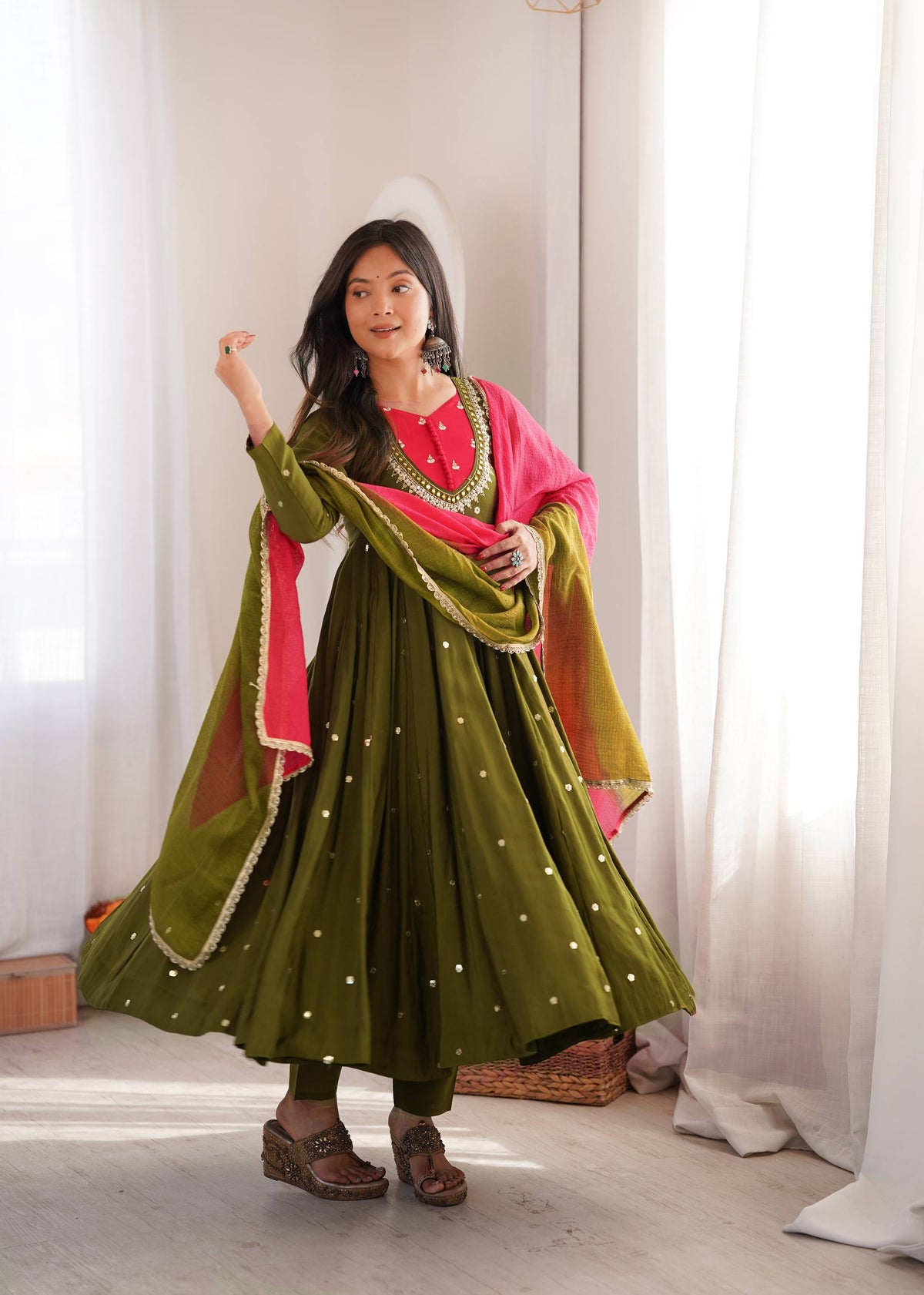 DESIGNER OLIVE GREEN PARTY WEAR ANARKALI SET