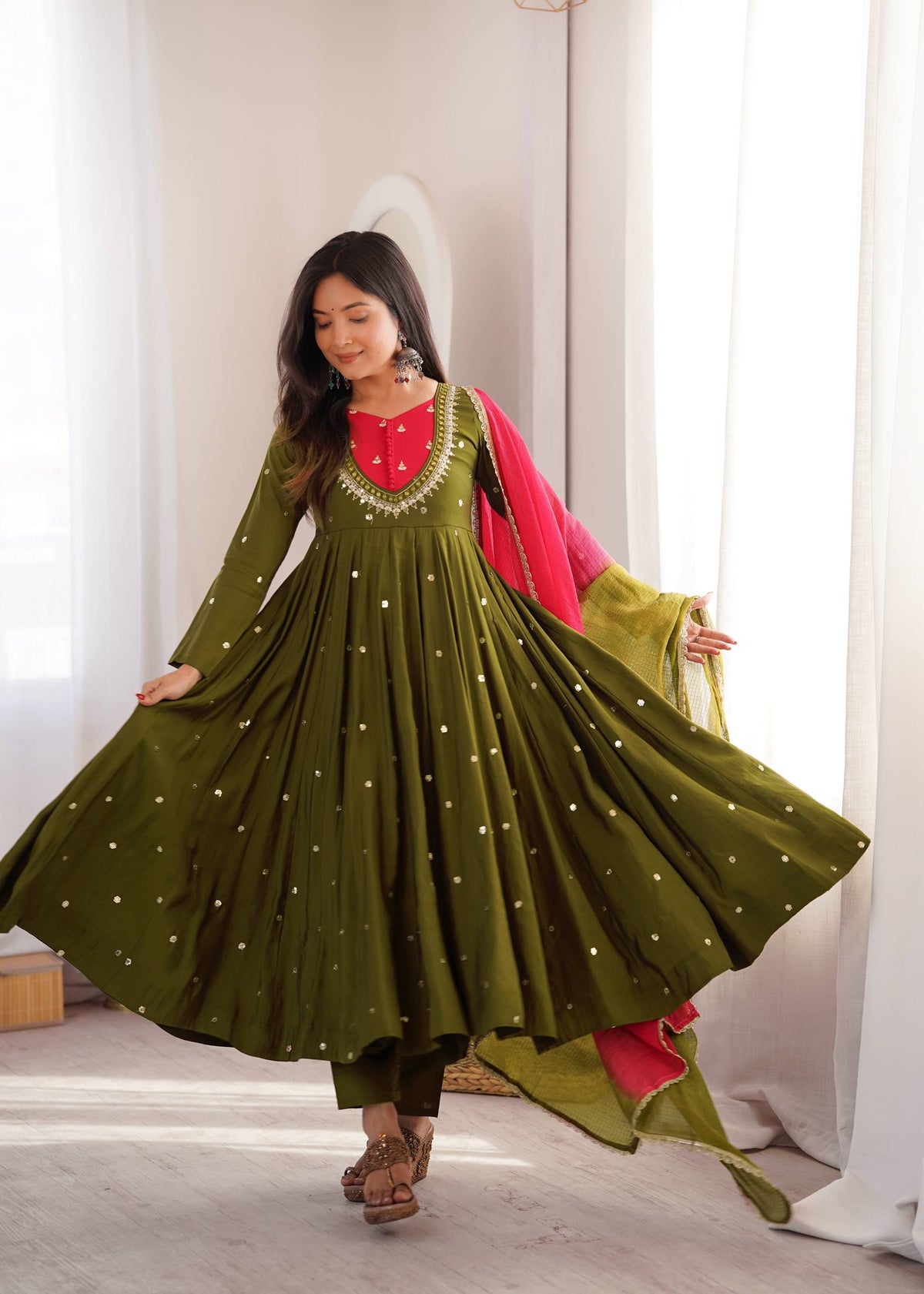 DESIGNER OLIVE GREEN PARTY WEAR ANARKALI SET