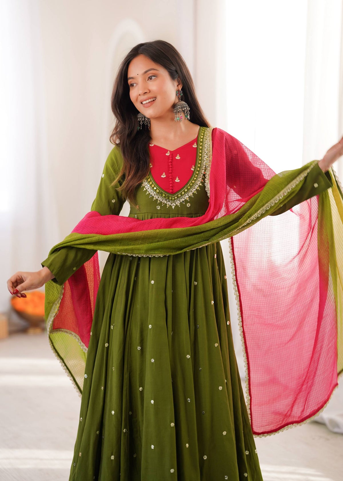 DESIGNER OLIVE GREEN PARTY WEAR ANARKALI SET
