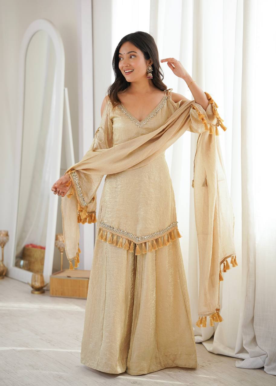 CHAMPAGNE GOLD DESIGNER KURTA PALAZZO SET WITH TASSEL DUPATTA