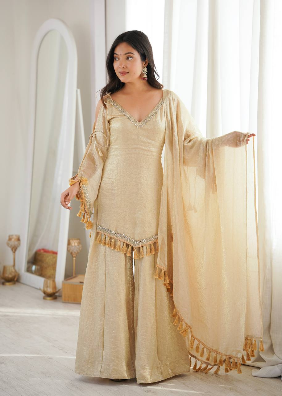 CHAMPAGNE GOLD DESIGNER KURTA PALAZZO SET WITH TASSEL DUPATTA