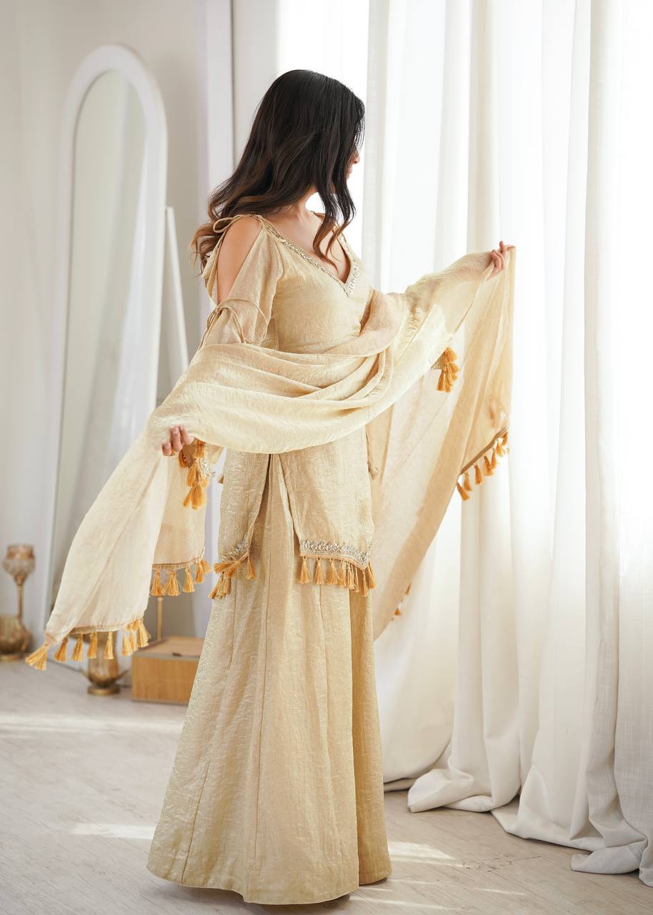CHAMPAGNE GOLD DESIGNER KURTA PALAZZO SET WITH TASSEL DUPATTA