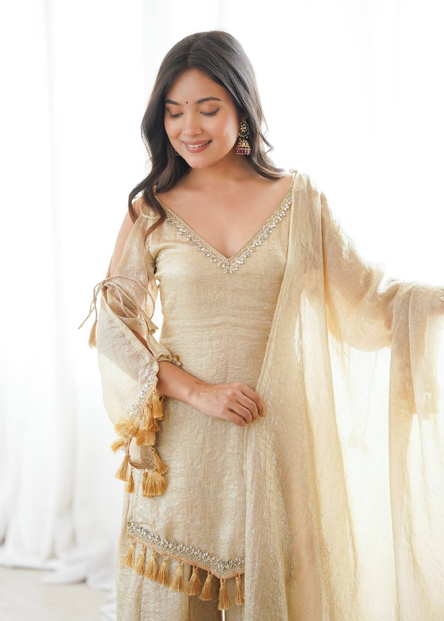 CHAMPAGNE GOLD DESIGNER KURTA PALAZZO SET WITH TASSEL DUPATTA