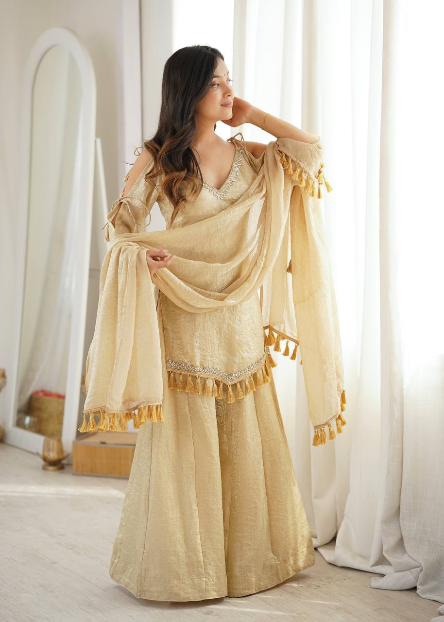 CHAMPAGNE GOLD DESIGNER KURTA PALAZZO SET WITH TASSEL DUPATTA