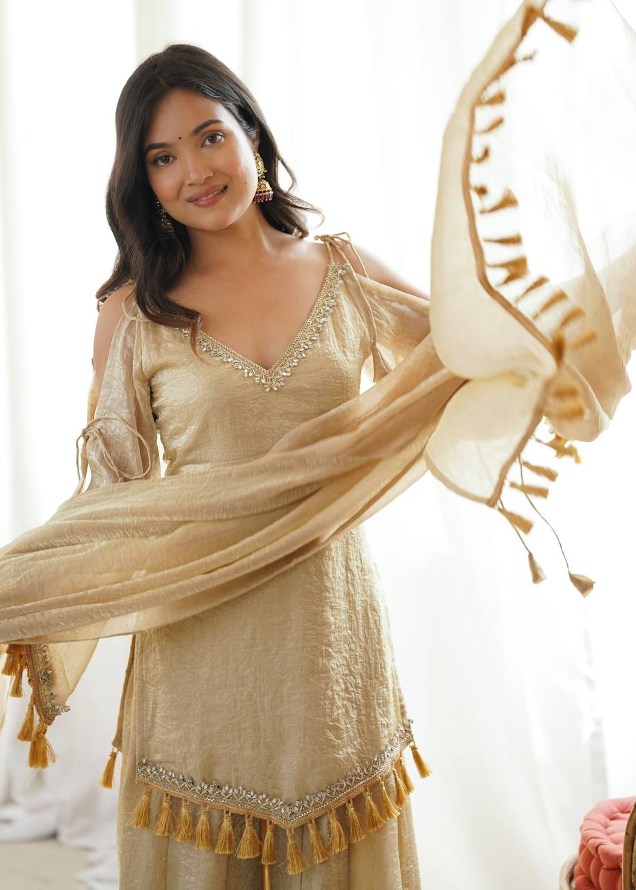 CHAMPAGNE GOLD DESIGNER KURTA PALAZZO SET WITH TASSEL DUPATTA