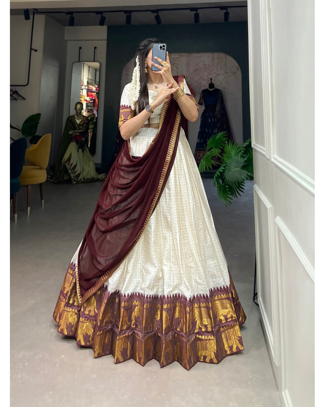 WHITE COLOR CHEX WITH ZARI WEAVING WORK POLY COTTON WEDDING LEHENGA CHOLI