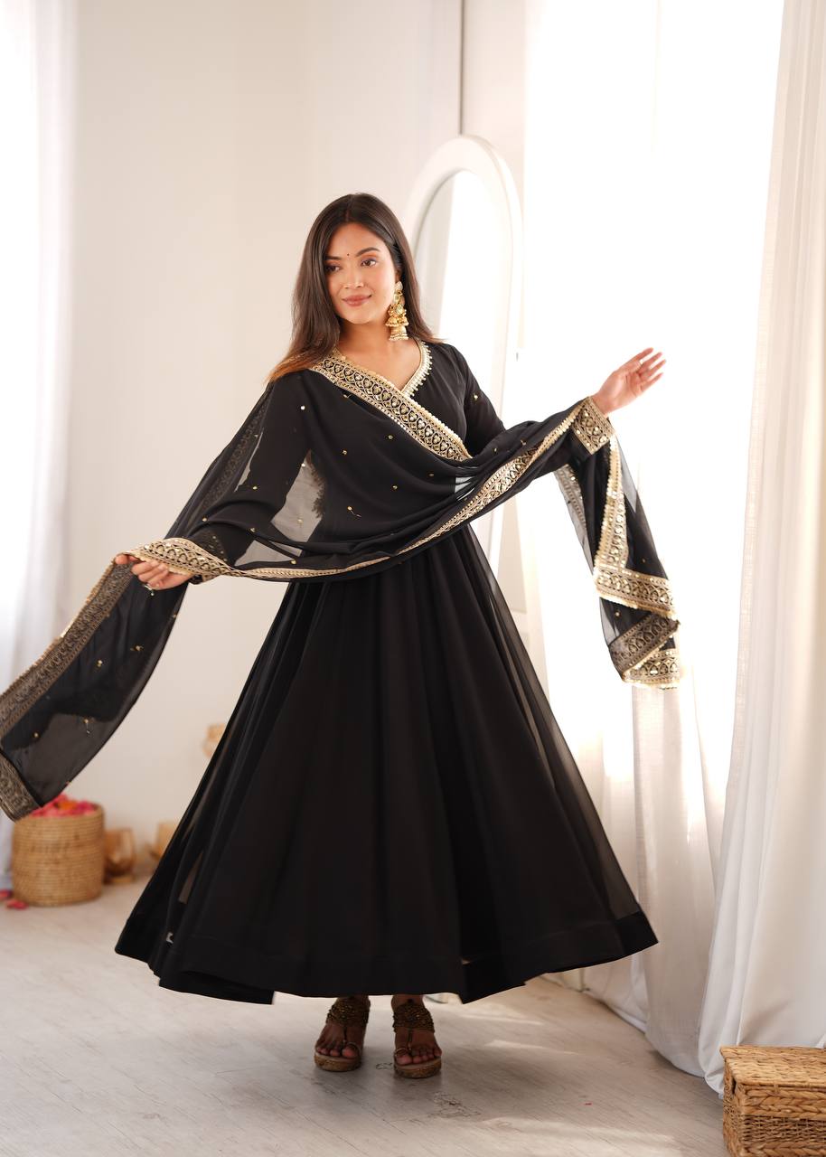 CLASSIC BLACK DESIGNER ANARKALI GOWN WITH EMBROIDERED DUPATTA