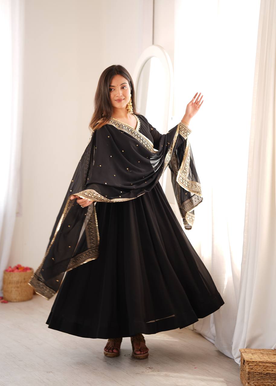 CLASSIC BLACK DESIGNER ANARKALI GOWN WITH EMBROIDERED DUPATTA