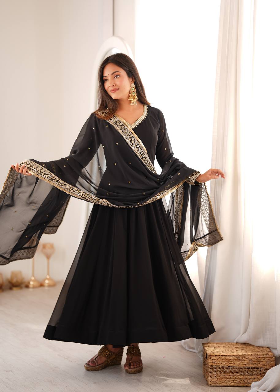 CLASSIC BLACK DESIGNER ANARKALI GOWN WITH EMBROIDERED DUPATTA