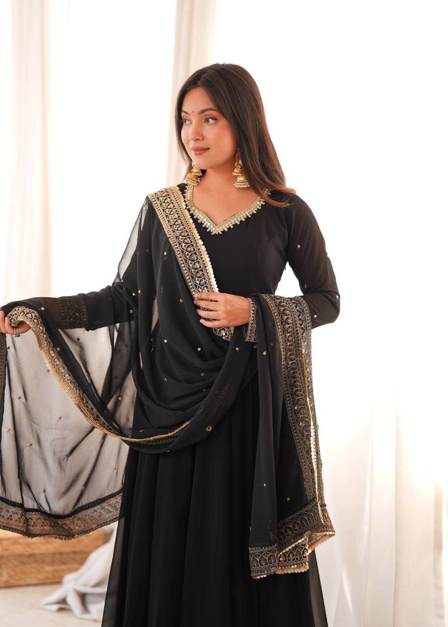 CLASSIC BLACK DESIGNER ANARKALI GOWN WITH EMBROIDERED DUPATTA