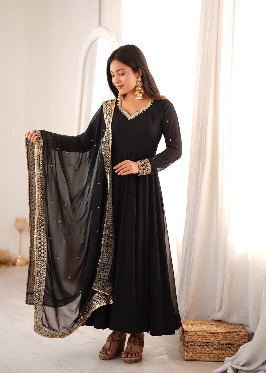 CLASSIC BLACK DESIGNER ANARKALI GOWN WITH EMBROIDERED DUPATTA
