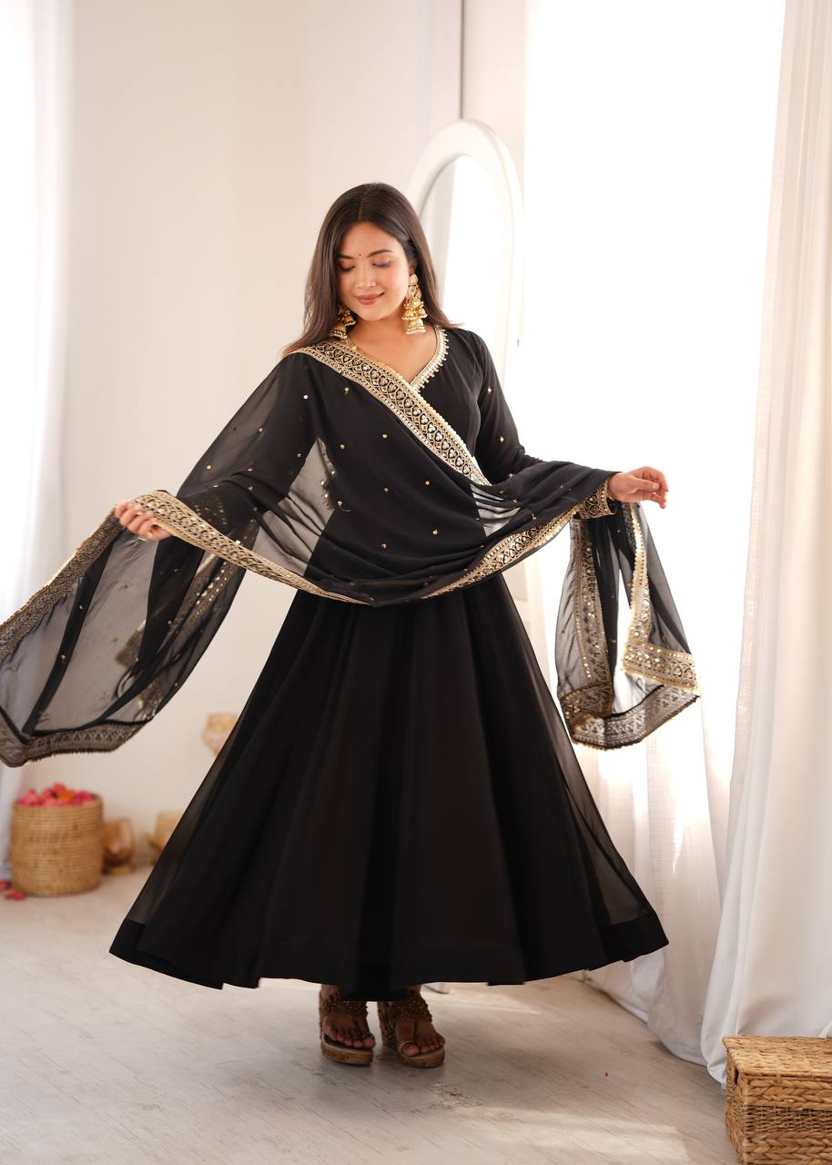 CLASSIC BLACK DESIGNER ANARKALI GOWN WITH EMBROIDERED DUPATTA