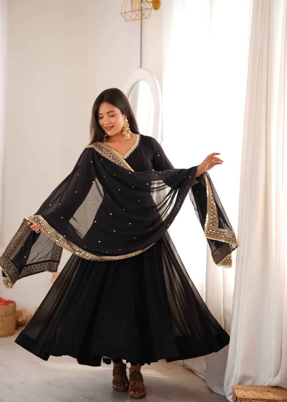 CLASSIC BLACK DESIGNER ANARKALI GOWN WITH EMBROIDERED DUPATTA