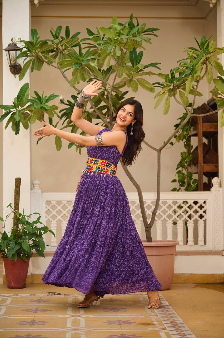 PURPLE COLOR NAVRATRI SPECIAL GAMTHI WORK FULLY FLAIR GOWN