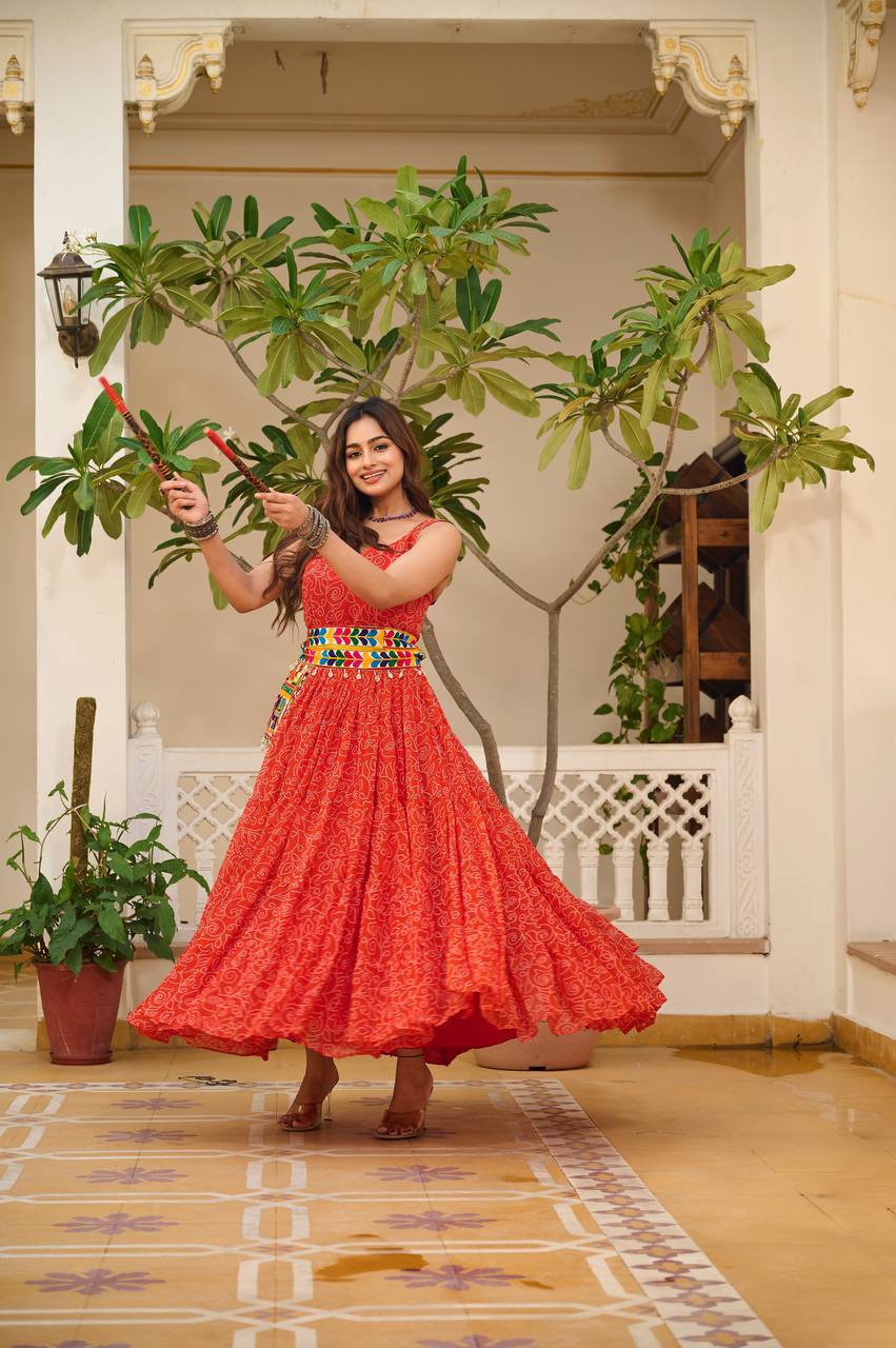 ORANGY RED COLOR NAVRATRI SPECIAL GAMTHI WORK FULLY FLAIR GOWN