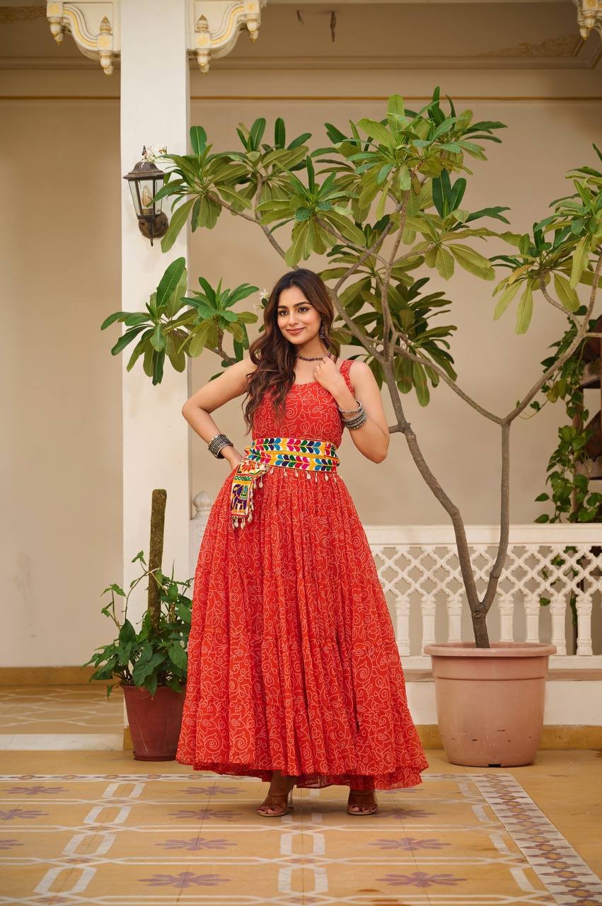 ORANGY RED COLOR NAVRATRI SPECIAL GAMTHI WORK FULLY FLAIR GOWN