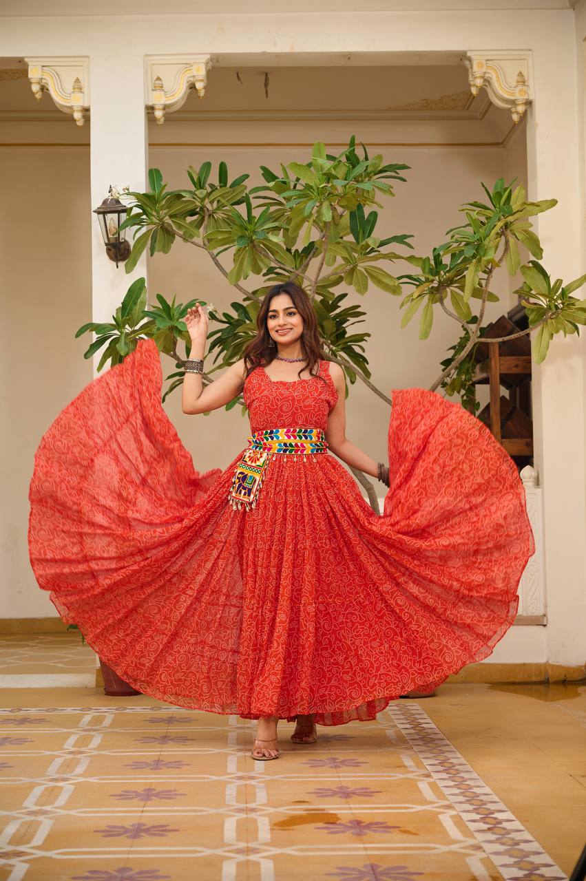 ORANGY RED COLOR NAVRATRI SPECIAL GAMTHI WORK FULLY FLAIR GOWN