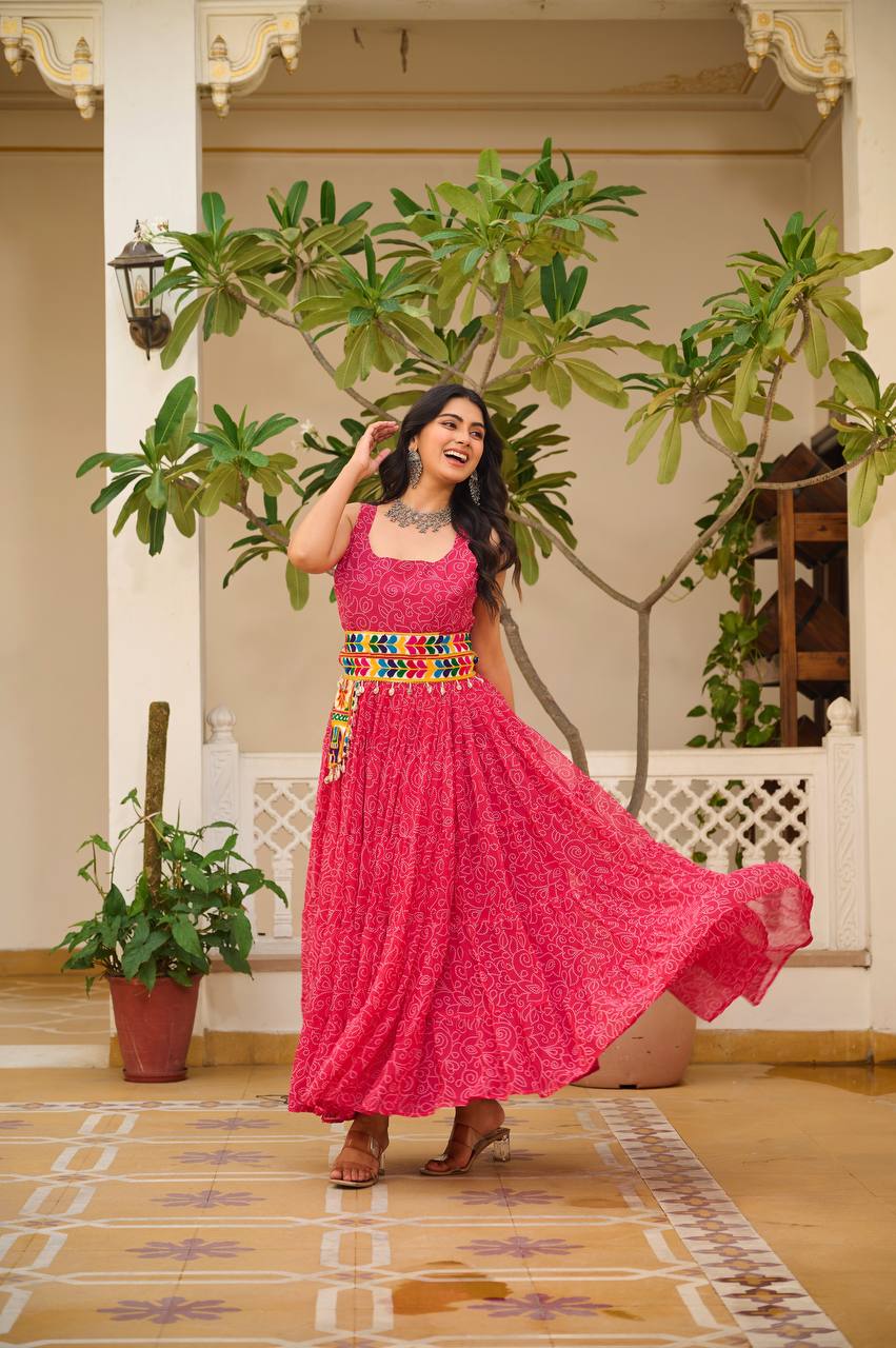PINKISH COLOR NAVRATRI SPECIAL GAMTHI WORK FULLY FLAIR GOWN