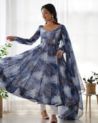 NAVY BLUE COLOR PURE SOFT ORGANZA ANARKALI SUIT SET OF 3