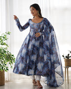 NAVY BLUE COLOR PURE SOFT ORGANZA ANARKALI SUIT SET OF 3