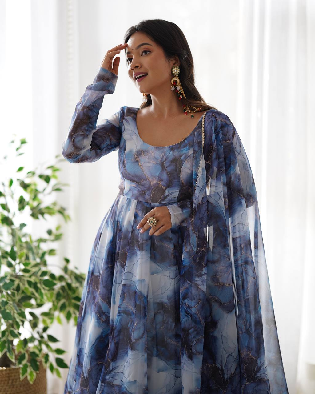 NAVY BLUE COLOR PURE SOFT ORGANZA ANARKALI SUIT SET OF 3