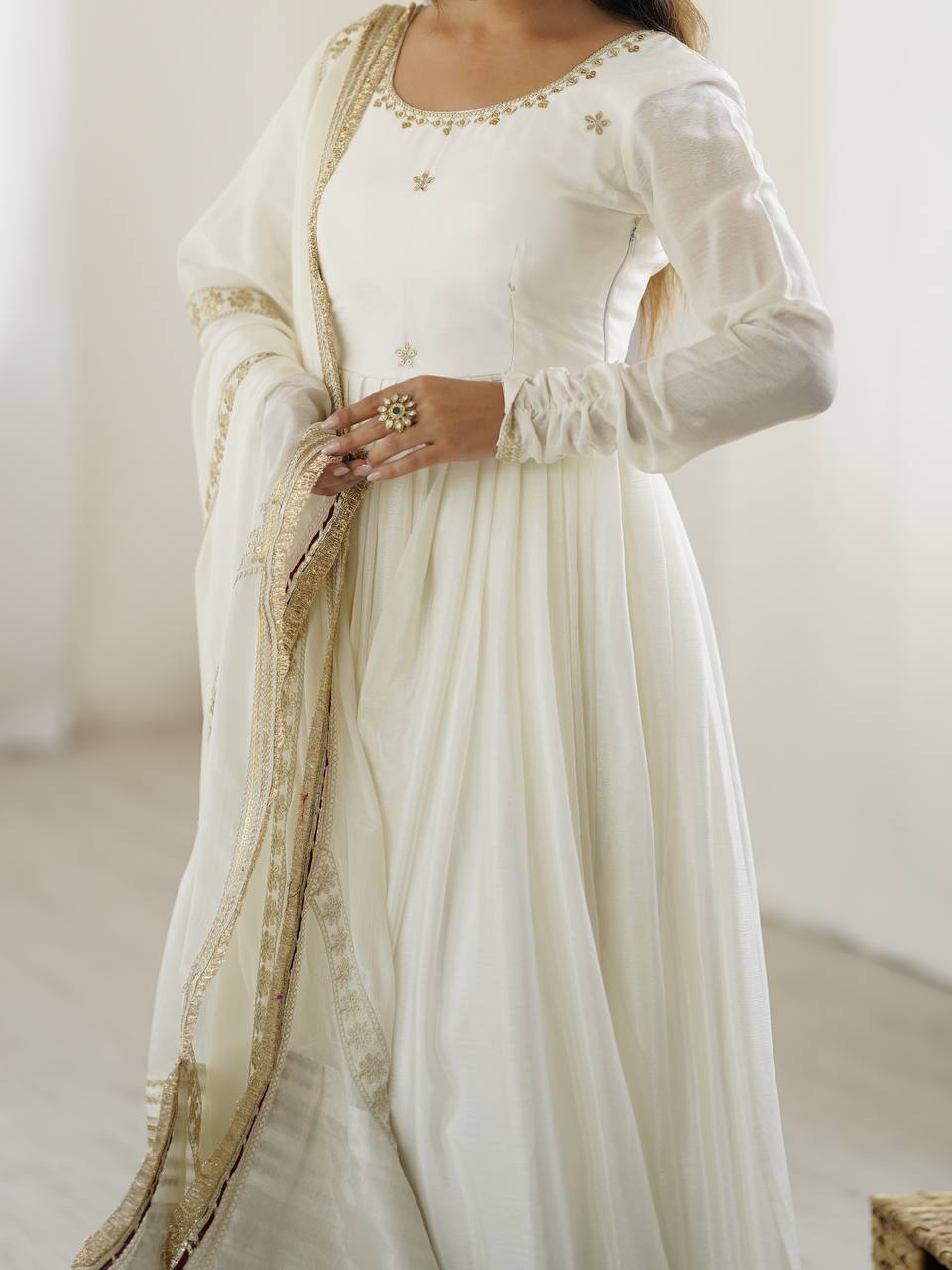 WHITE COLOR EMBROIDERY SEQUENCE WORK ANARKALI SUIT