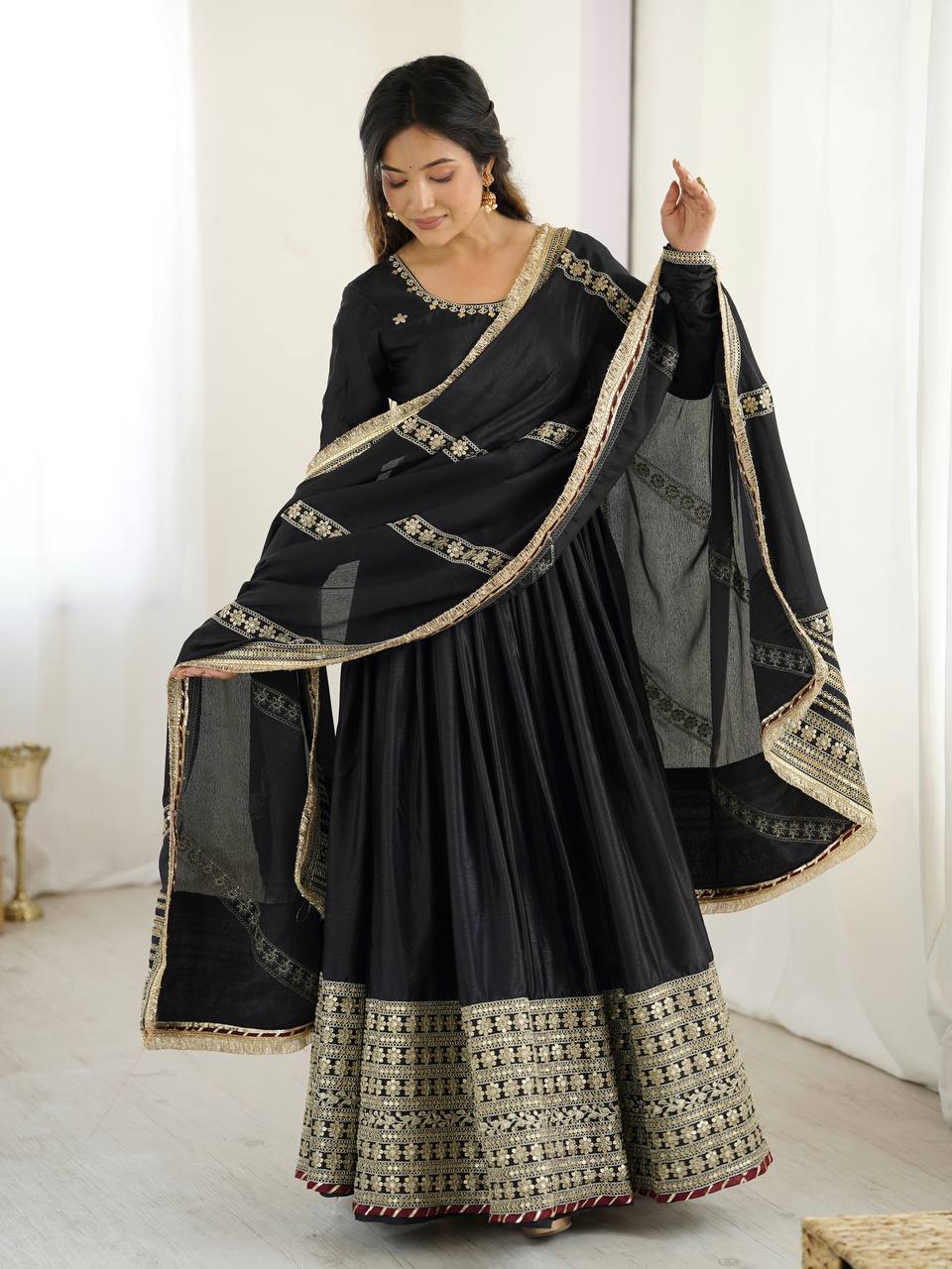 BLACK COLOR EMBROIDERY SEQUENCE WORK ANARKALI SUIT