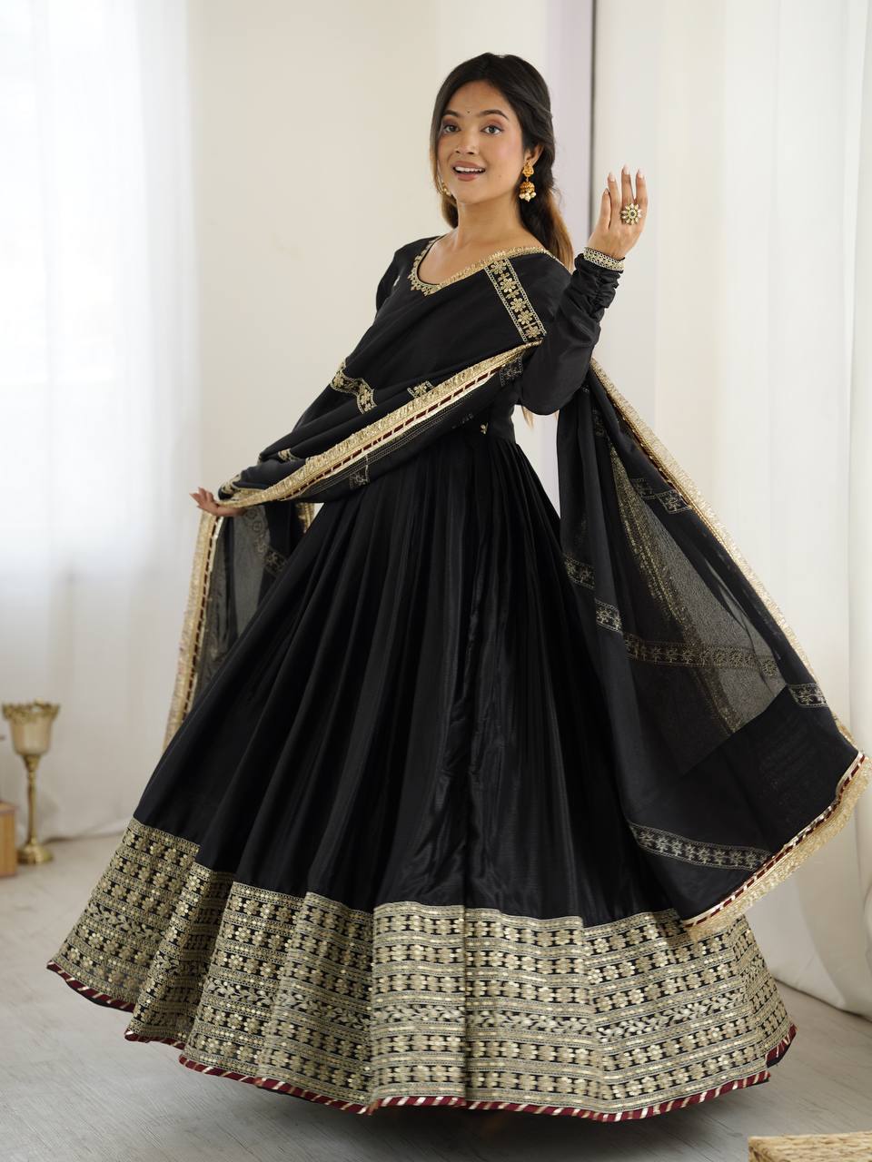 BLACK COLOR EMBROIDERY SEQUENCE WORK ANARKALI SUIT