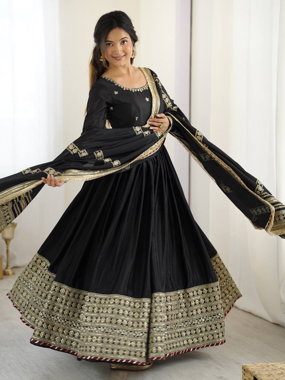 BLACK COLOR EMBROIDERY SEQUENCE WORK ANARKALI SUIT