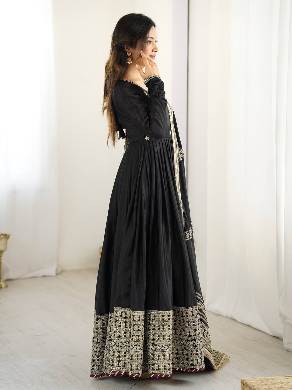 BLACK COLOR EMBROIDERY SEQUENCE WORK ANARKALI SUIT