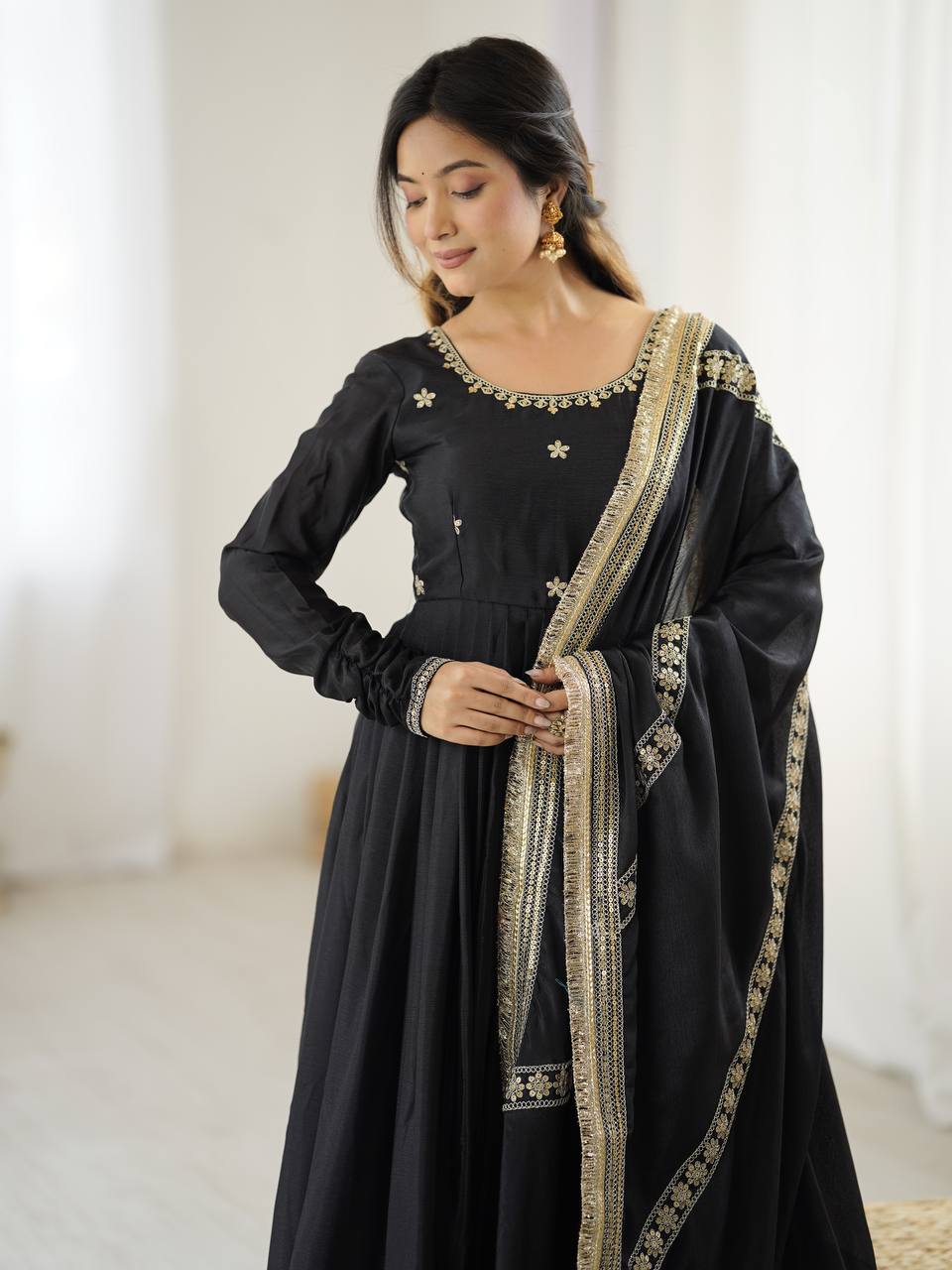 BLACK COLOR EMBROIDERY SEQUENCE WORK ANARKALI SUIT