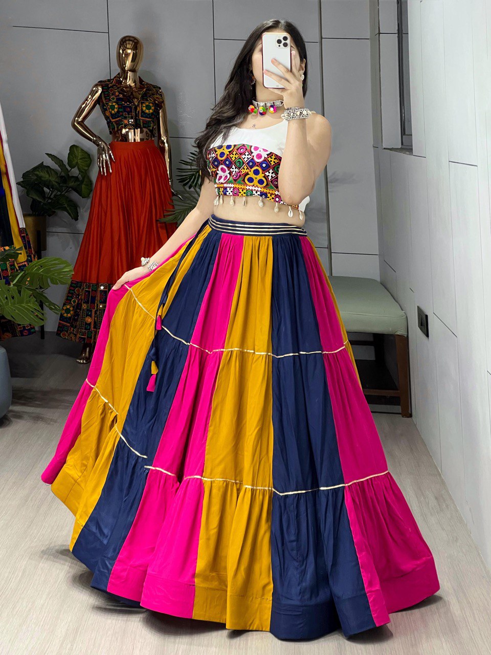 NAVRATRI SPECIAL MULTI COLOR KUTCHI WORK LEHENGA WITH KEDIYA SET OF 2