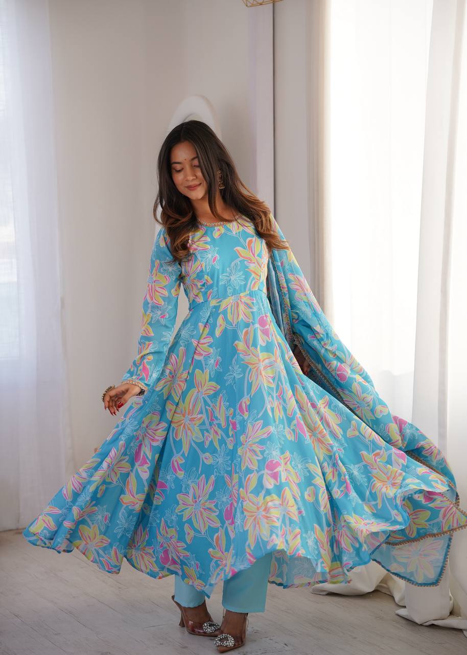 SKY BLUE FLORAL PRINTED MASLIN ANARKALI GOWN SET