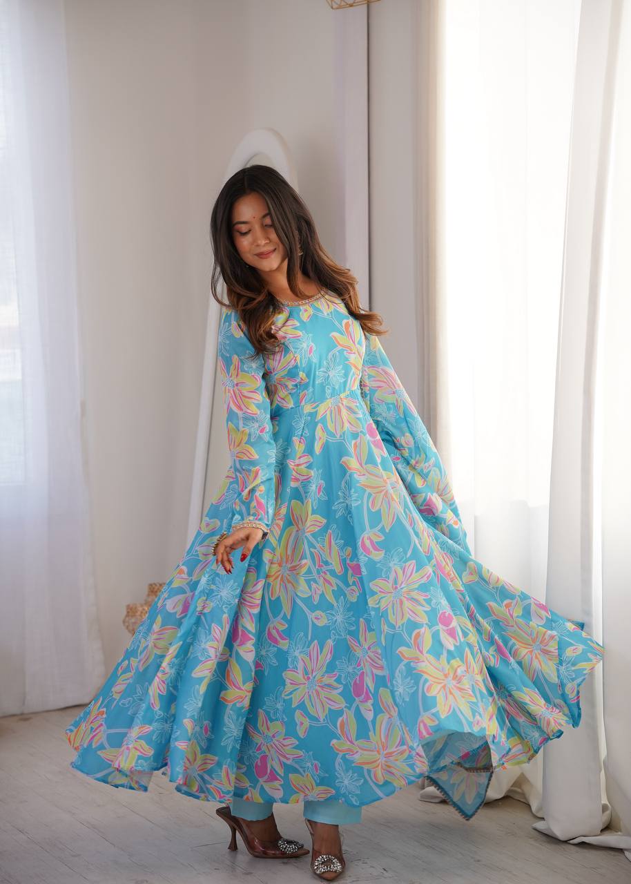 SKY BLUE FLORAL PRINTED MASLIN ANARKALI GOWN SET