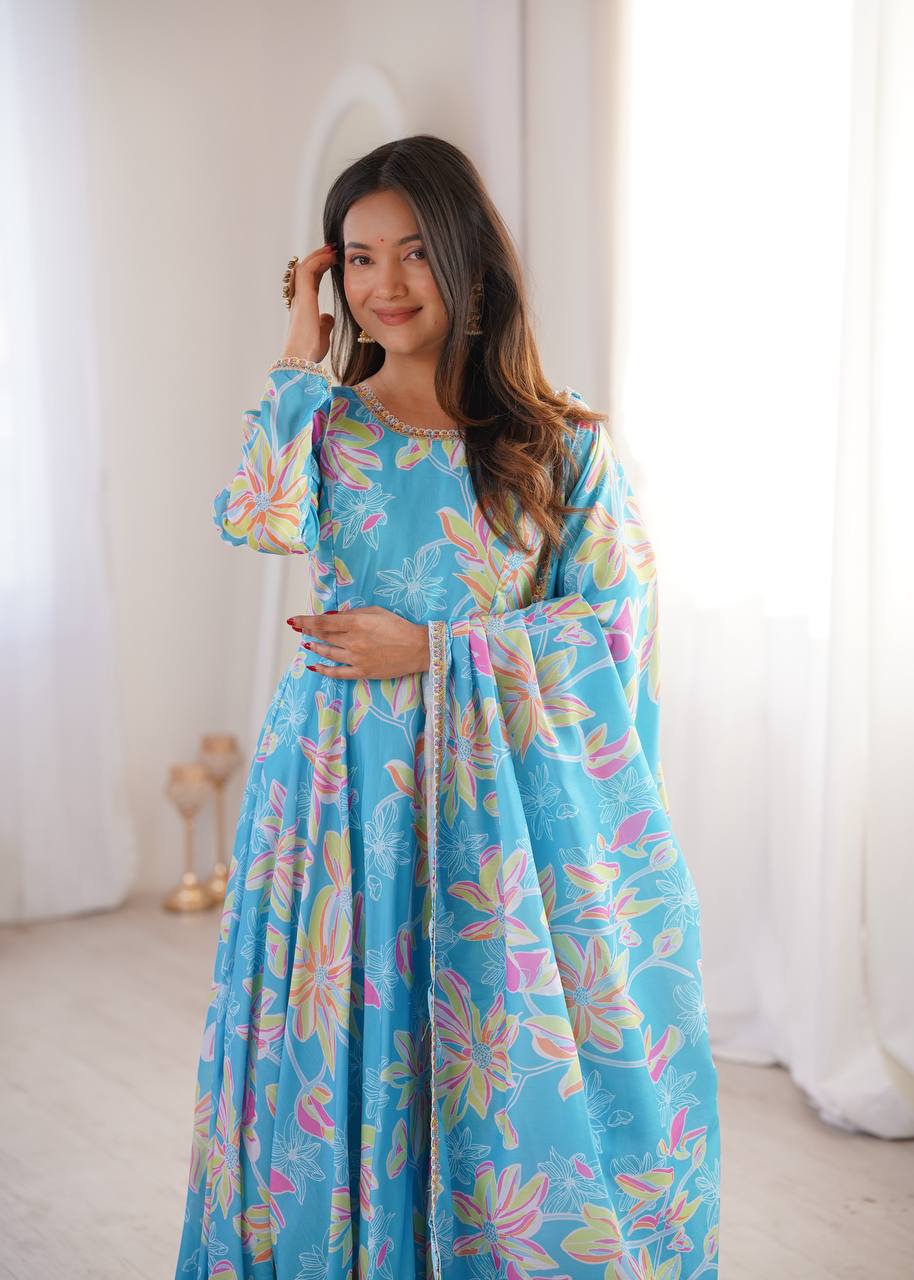 SKY BLUE FLORAL PRINTED MASLIN ANARKALI GOWN SET