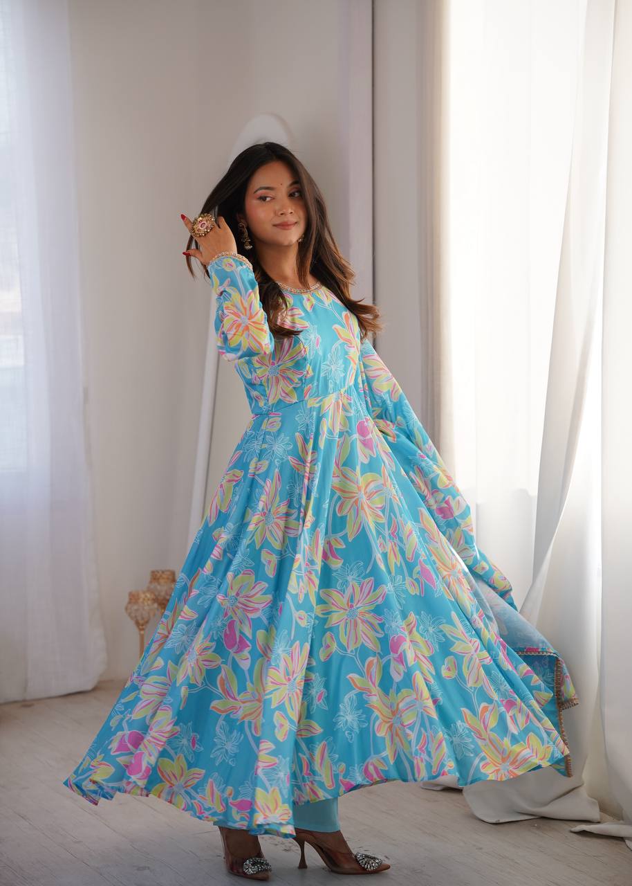 SKY BLUE FLORAL PRINTED MASLIN ANARKALI GOWN SET