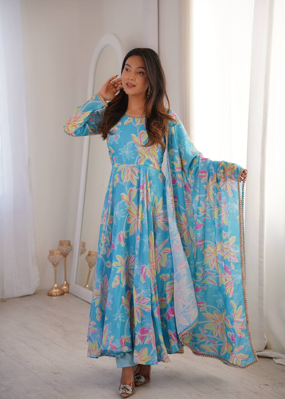 SKY BLUE FLORAL PRINTED MASLIN ANARKALI GOWN SET