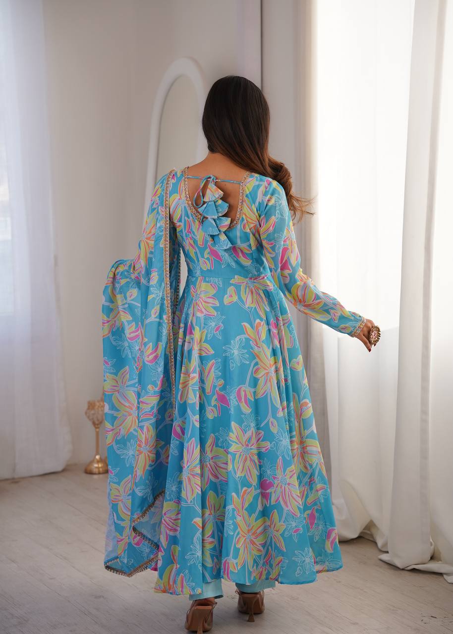 SKY BLUE FLORAL PRINTED MASLIN ANARKALI GOWN SET