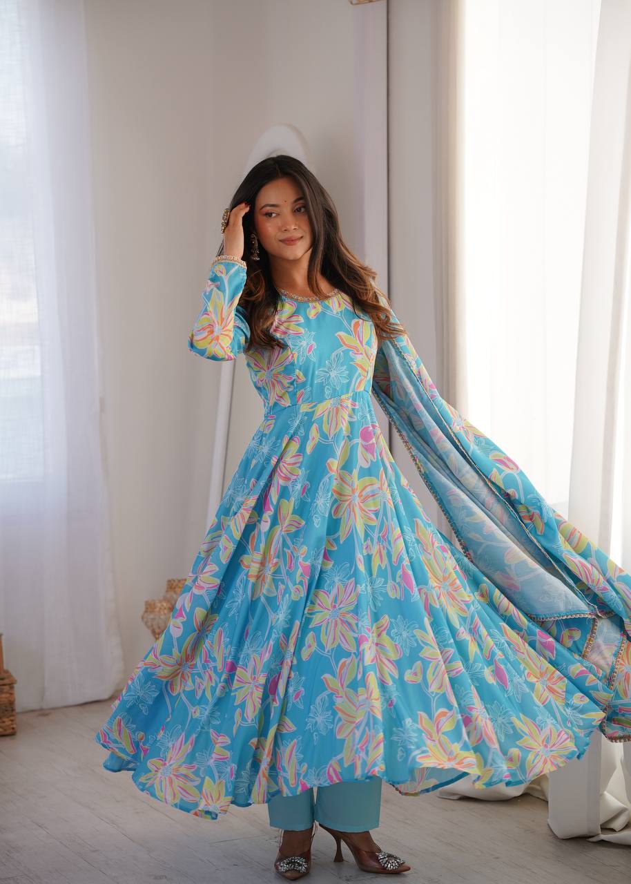 SKY BLUE FLORAL PRINTED MASLIN ANARKALI GOWN SET